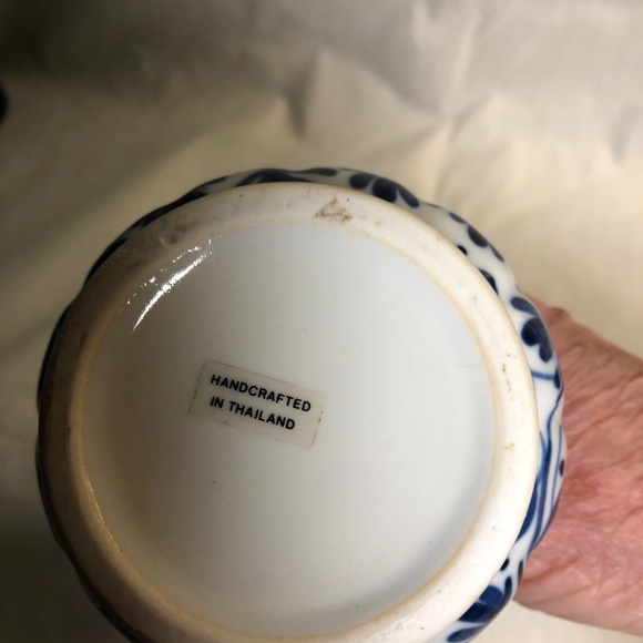 SALE Pair of Handcrafted in Thailand Blue & White Ceramic Bud Vases. 6.75” tall - Picture 4 of 7